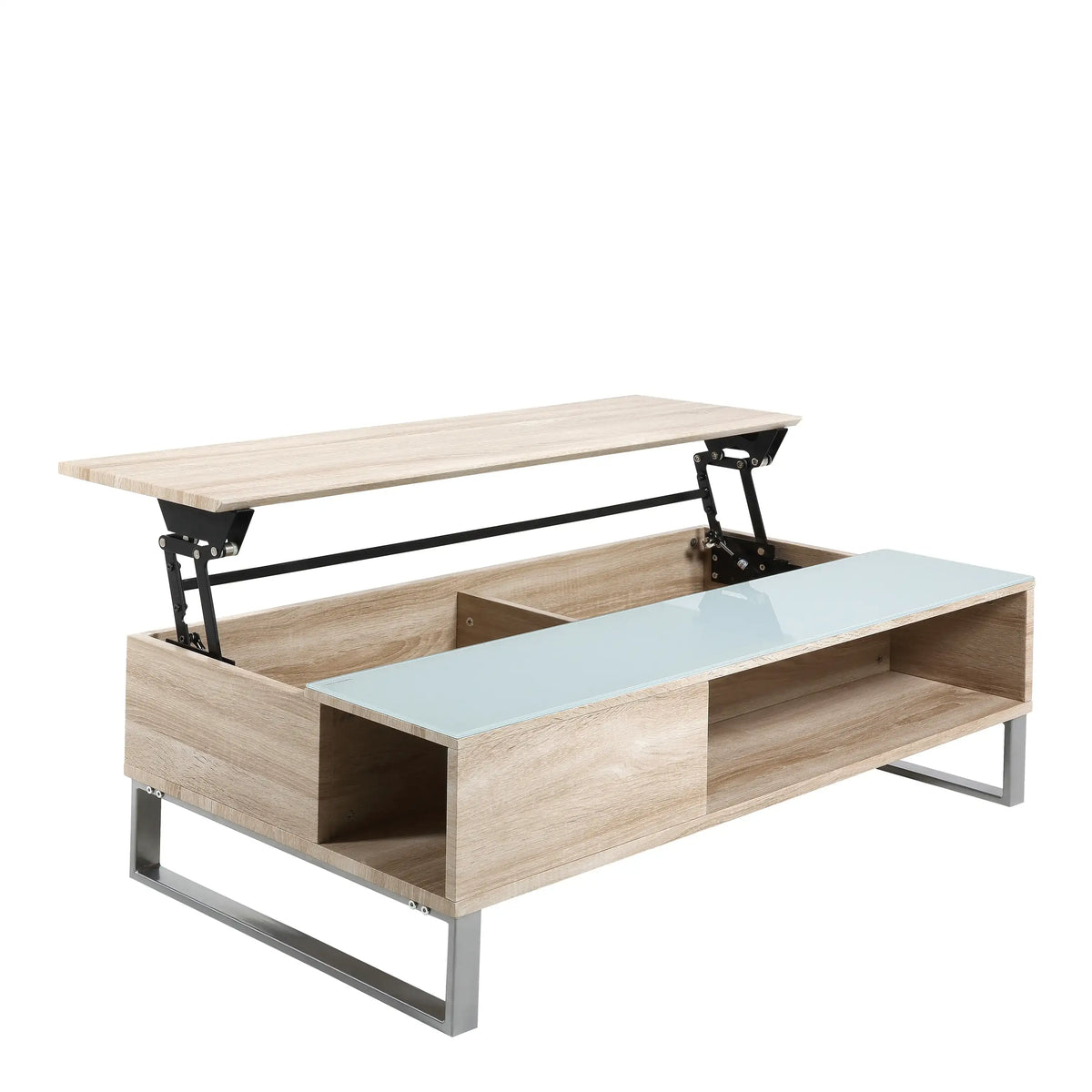 Wooden coffee table with lift-top design on a white background