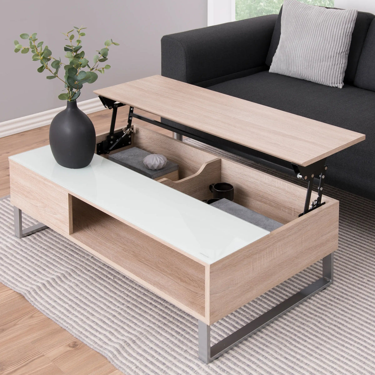 Coffee table with lift-top feature in a living room setting