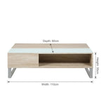 Wooden coffee table with glass top on a white background with dimensions - 110 x 35 x 60