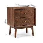 A two-drawer wooden nightstand with a dark walnut finish and brass knobs, shown with dimensions  50cm height, 46cm width and 38cm depth