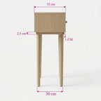 A light oak wood side table with dimension annotations showing a width of 35 cm, height of 1 cm, leg width of 30 cm, and leg depth of 2.5 cm.