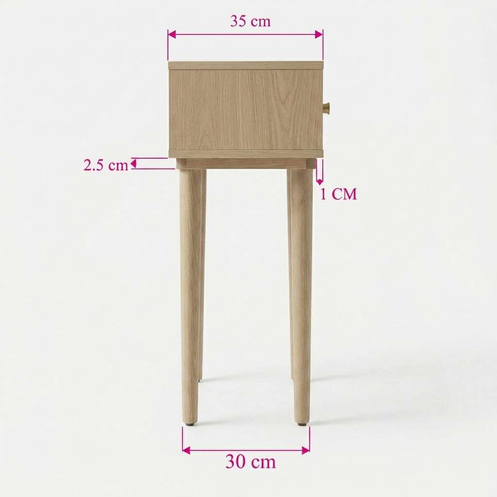 A light oak wood side table with dimension annotations showing a width of 35 cm, height of 1 cm, leg width of 30 cm, and leg depth of 2.5 cm.