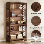 Classic 5-Tier Walnut Bookshelf - Traditional Library Display with Lattice Side Panels