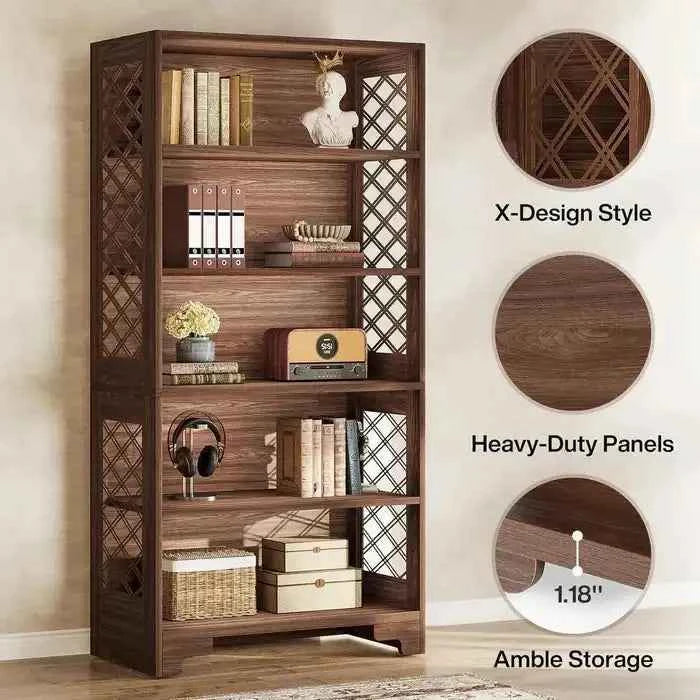 Classic 5-Tier Walnut Bookshelf - Traditional Library Display with Lattice Side Panels