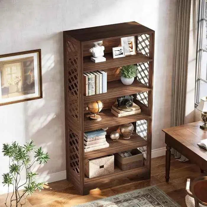 Classic 5-Tier Walnut Bookshelf - Traditional Library Display with Lattice Side Panels