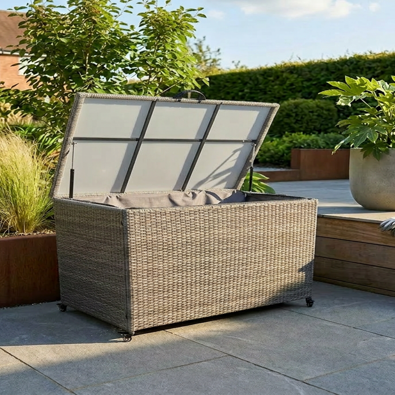 Royalcraft 510L natural beige rattan storage box with open lid on patio