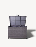 Royalcraft 510L charcoal rattan storage box with open lid on white background
