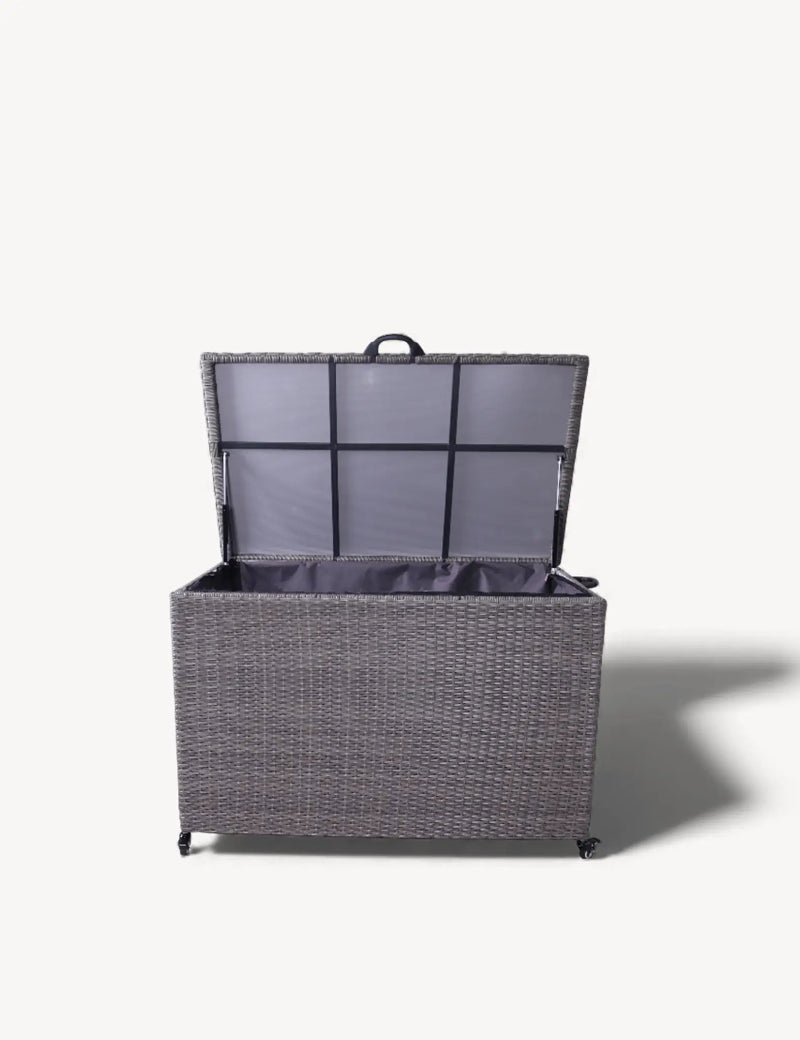 Royalcraft 510L charcoal rattan storage box with open lid on white background