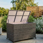 Royalcraft charcoal rattan storage box with open lid on patio