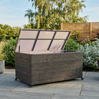 Royalcraft 645L charcoal rattan storage box with open lid on patio