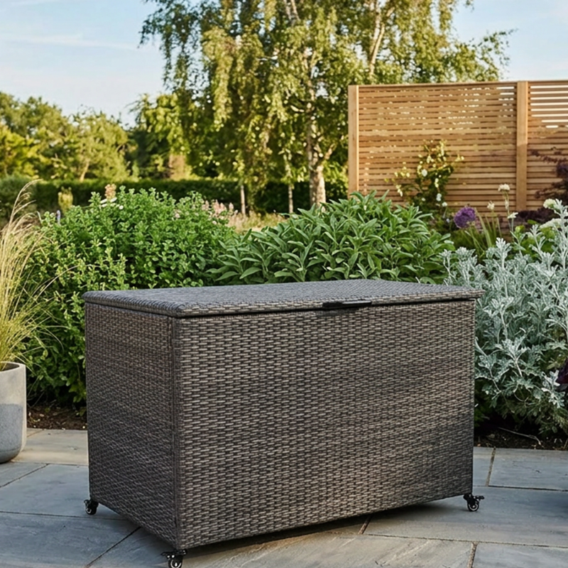 Royalcraft charcoal 510L rattan storage box on patio with garden background Main image