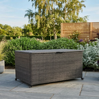 Royalcraft 645L charcoal rattan storage box on patio with garden background