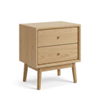 A light oak wood two-drawer nightstand with tapered legs and small round knobs, shown on a clean white background.
