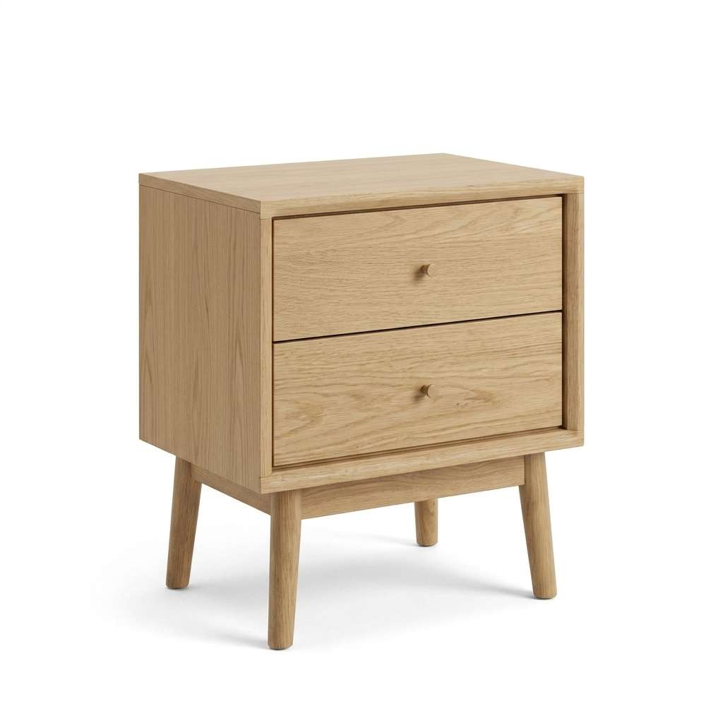 A light oak wood two-drawer nightstand with tapered legs and small round knobs, shown on a clean white background.