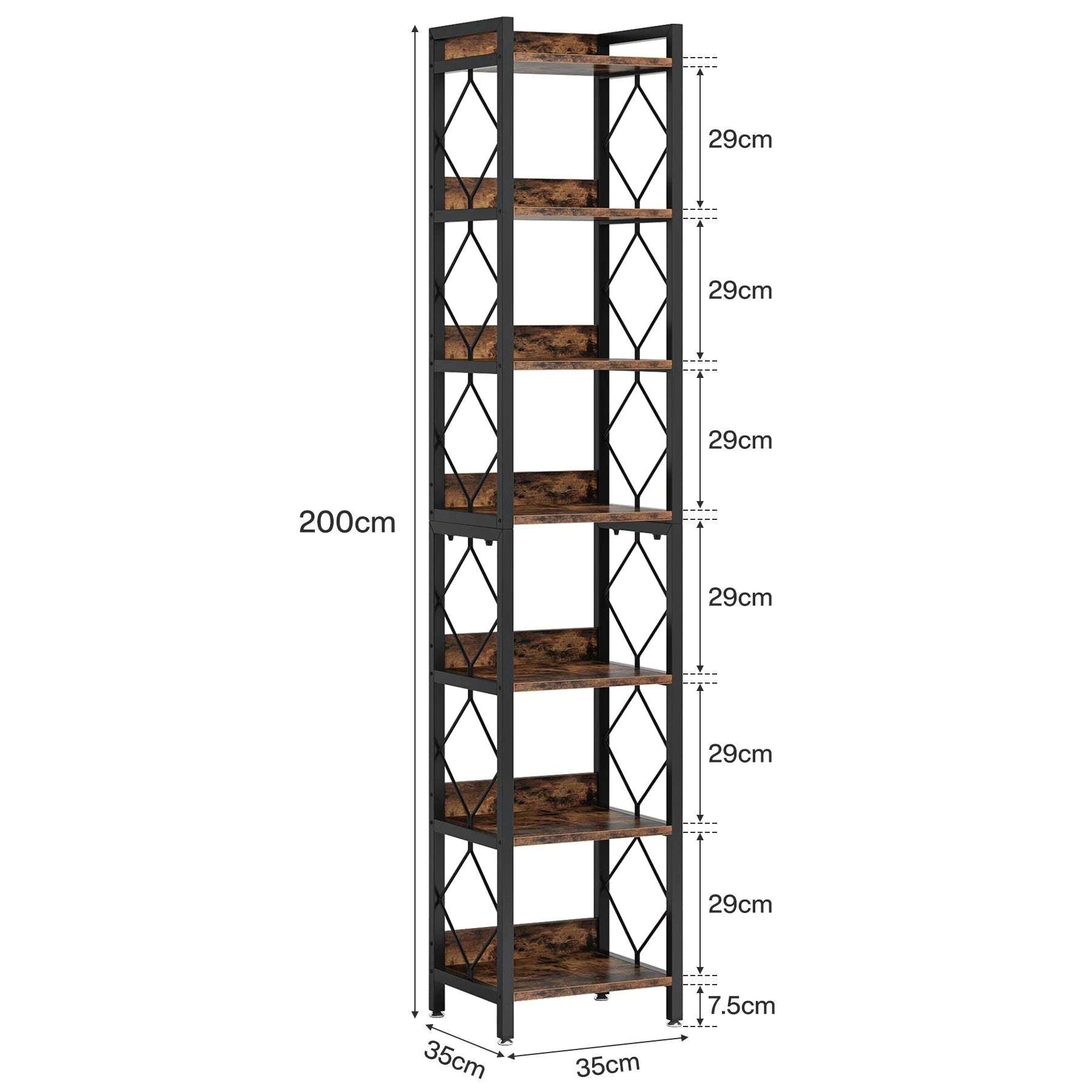 200cm Slim 7-Tier Industrial  Bookshelf - Rustic Wood & Black Metal Display Tower. Secondary image