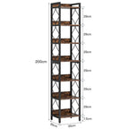200cm Slim 7-Tier Industrial  Bookshelf - Rustic Wood & Black Metal Display Tower. - Zalynco