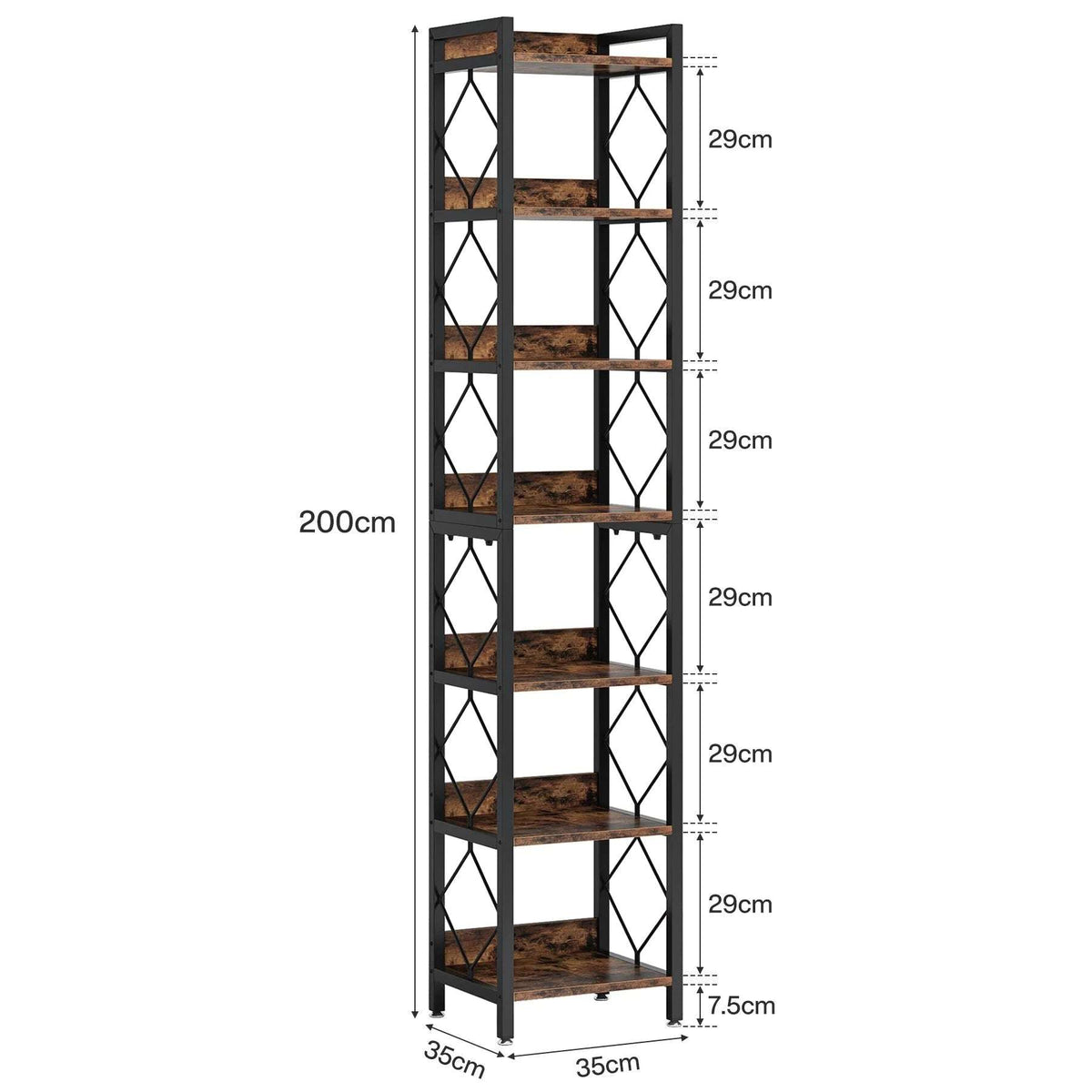 200cm Slim 7-Tier Industrial  Bookshelf - Rustic Wood & Black Metal Display Tower. - Zalynco