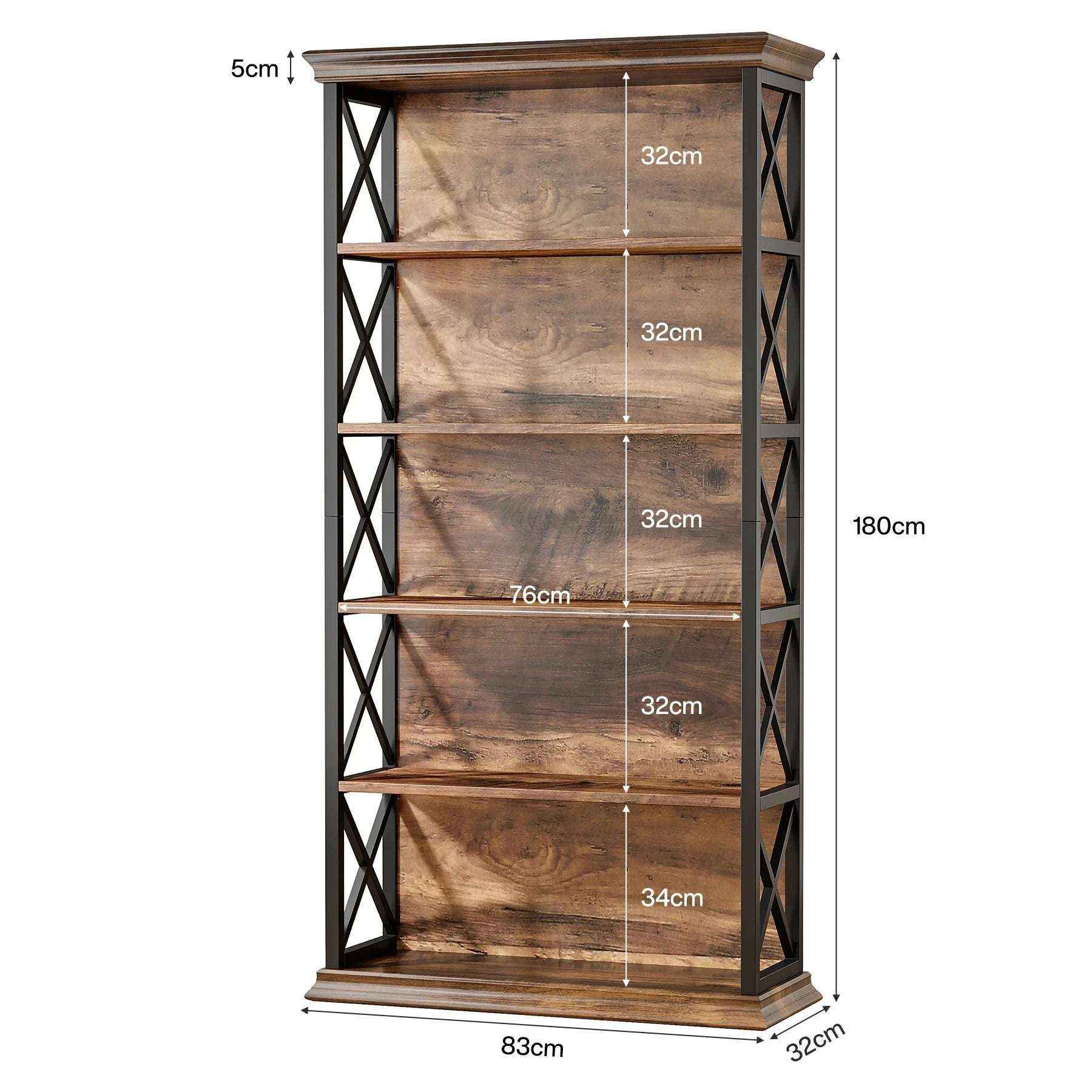 180cm 5-Tier Rustic Industrial  Bookcase - Large Open Shelf Display & Storage Secondary image