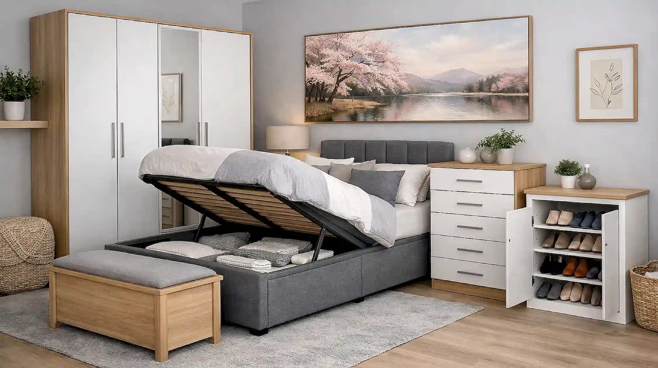 Modern bedroom with gray upholstered bed, wardrobe and shoe cabinet.