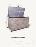 Royalcraft 510L natural beige cushion storage box with dimensions on white background