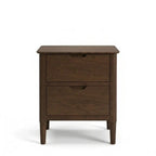 A dark brown wooden two-drawer nightstand with tapered legs and recessed drawer pulls, against a white background.