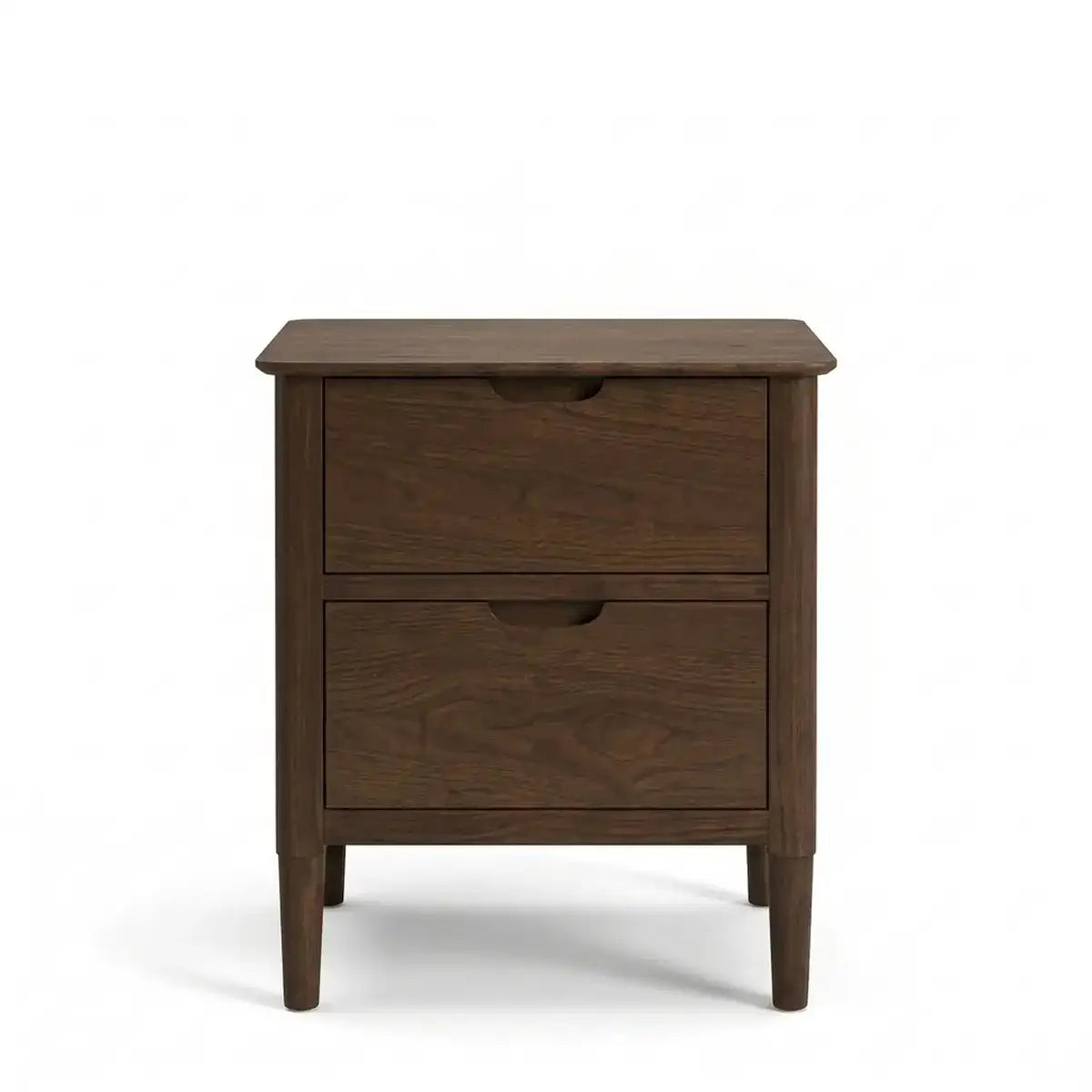 A dark brown wooden two-drawer nightstand with tapered legs and recessed drawer pulls, against a white background.