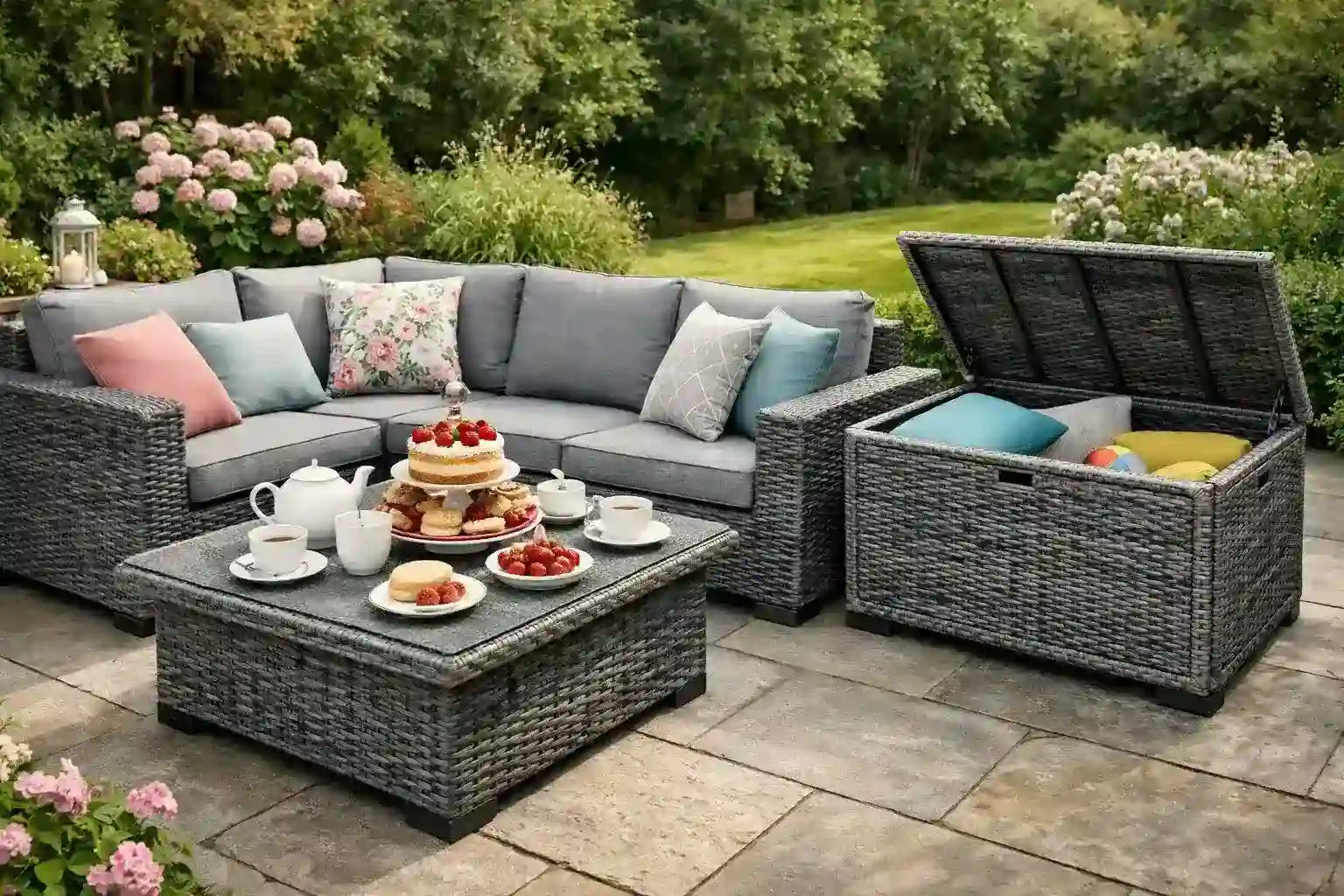 Grey Rattan Furniture on a patio, showing a cushion storage box and cake on the table