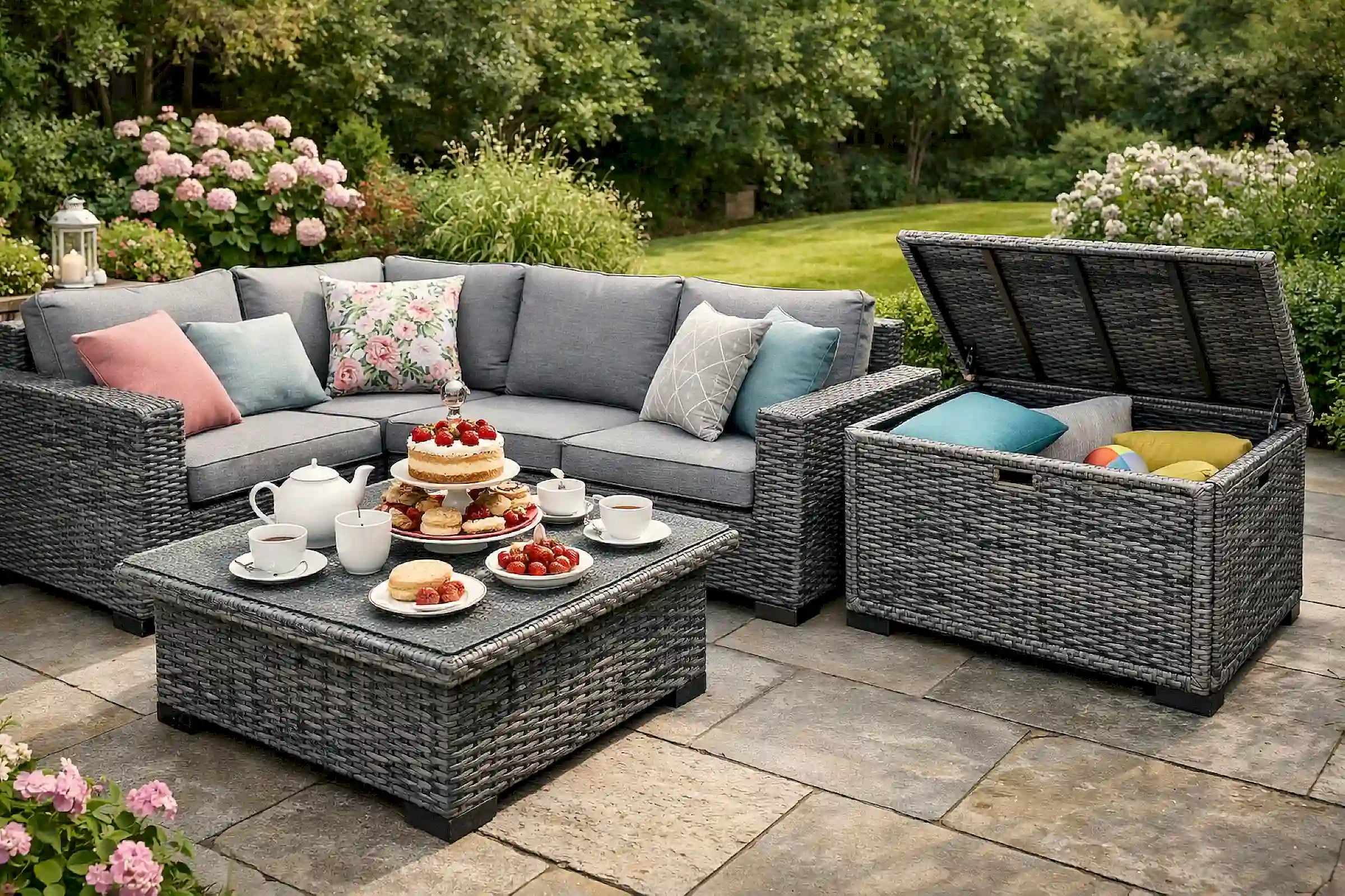 Outdoor patio set with a sectional sofa, coffee table, and storage chest in a garden setting.