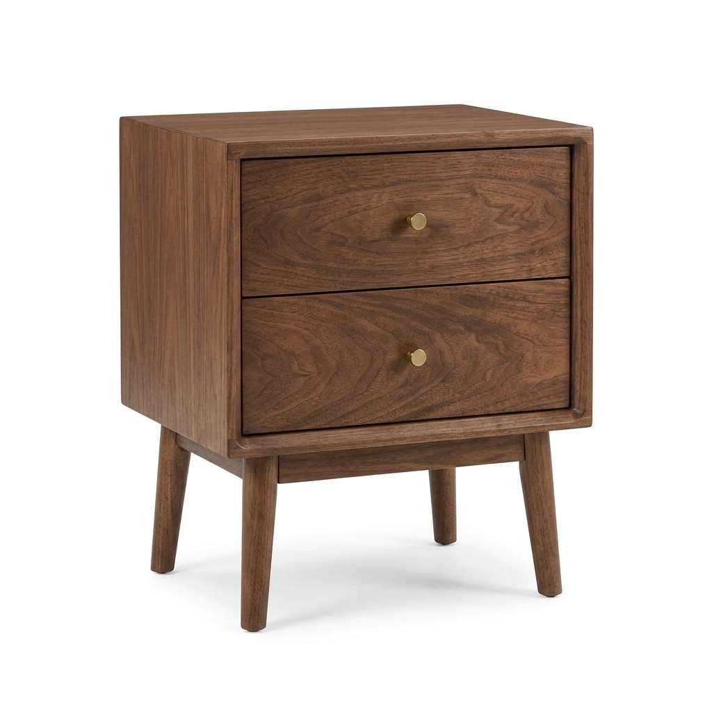 A mid-century modern two-drawer nightstand in dark brown wood  Main image