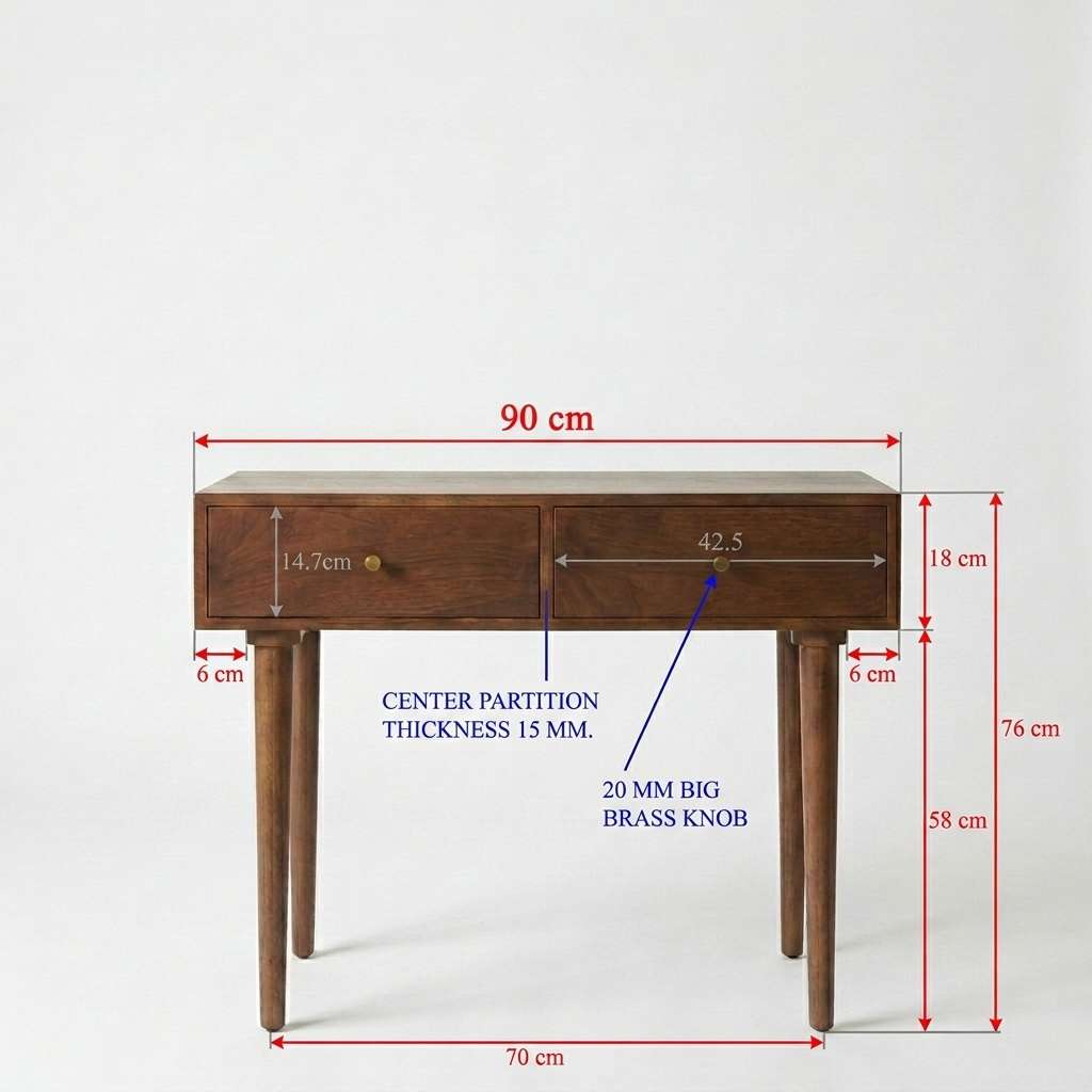 A wooden writing desk with dimension annotations showing measurements such as 90 cm width, 76 cm height, and drawer details on a plain light background.