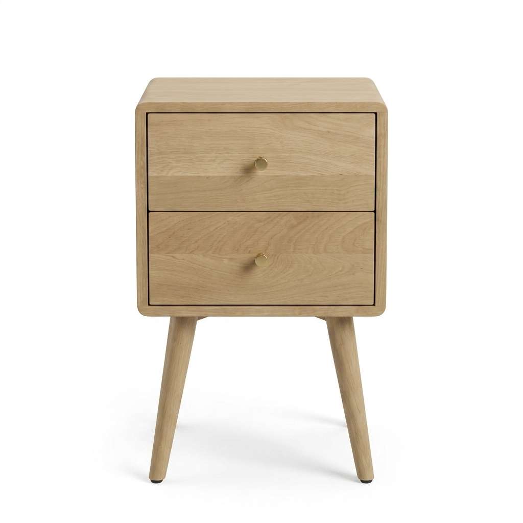 A light natural oak two-drawer nightstand with tapered legs and small round wooden knobs, shown against a plain white background. Main image