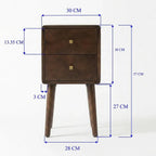A dark brown wooden two-drawer nightstand with leg details and text overlays showing measurements on a white background.