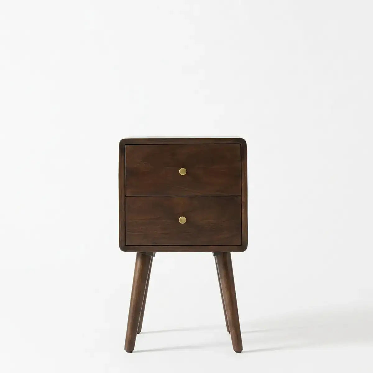 A modern two-drawer nightstand in dark brown wood with brass pulls and tapered legs, on a plain white background. Main image