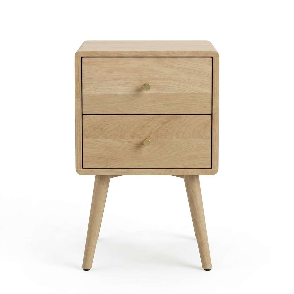 A light natural oak two-drawer nightstand with tapered legs and small round brass knobs, shown on a white background. Main image