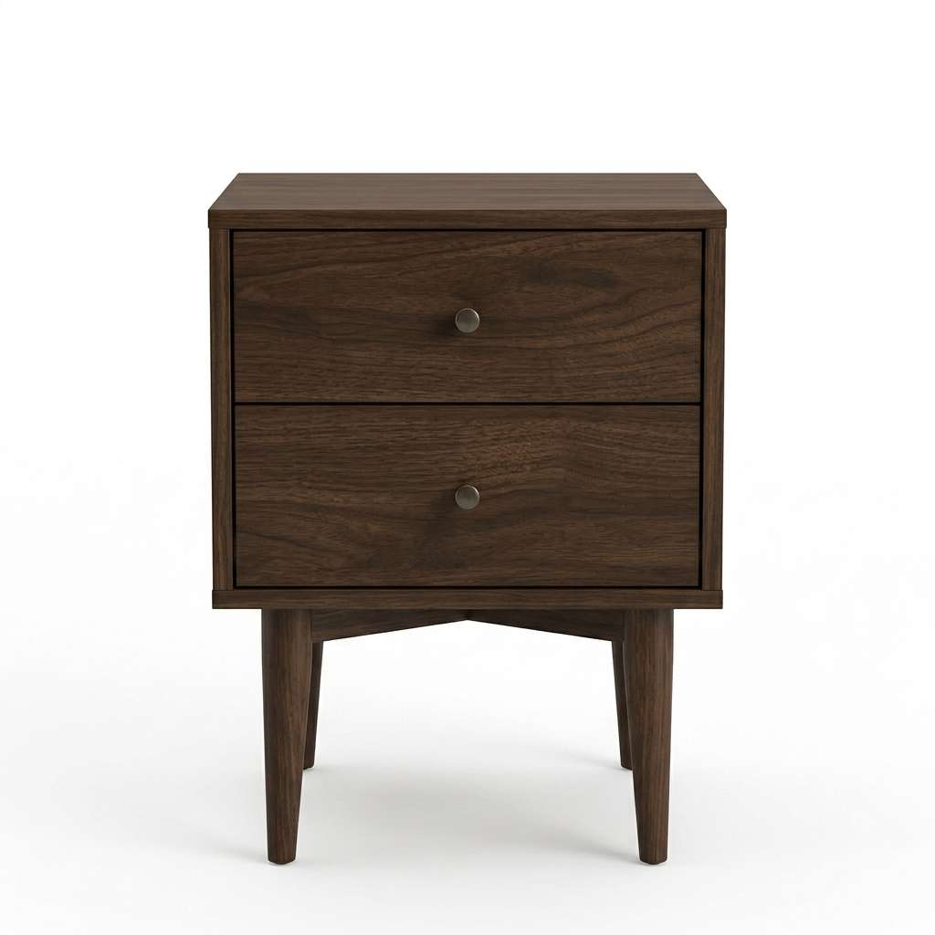 A dark brown wooden two-drawer nightstand with tapered legs and round metal knobs, photographed against a clean white background. Main image