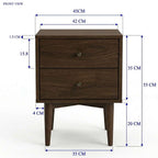 Front view of a two-drawer wooden nightstand with dimension annotations showing measurements in centimeters and inches for height, width, and leg width on a white background.