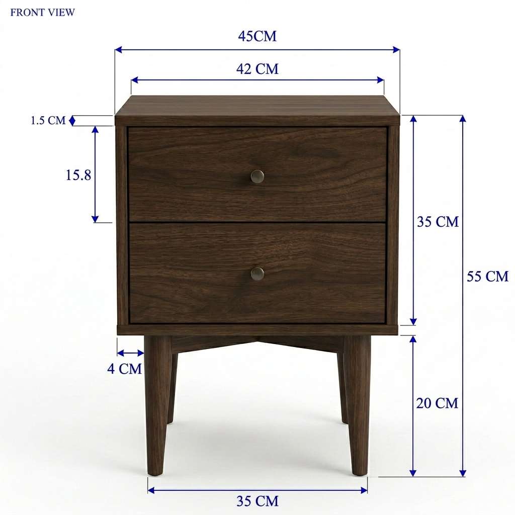 Front view of a two-drawer wooden nightstand with dimension annotations showing measurements in centimeters and inches for height, width, and leg width on a white background.
