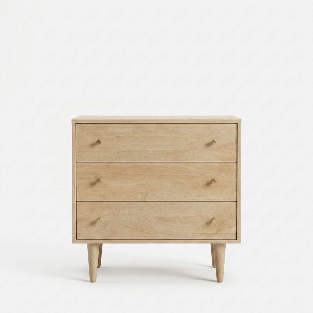 A three-drawer wooden chest of drawers with a light oak finish and small tapered legs, shown against a plain white background. Main image