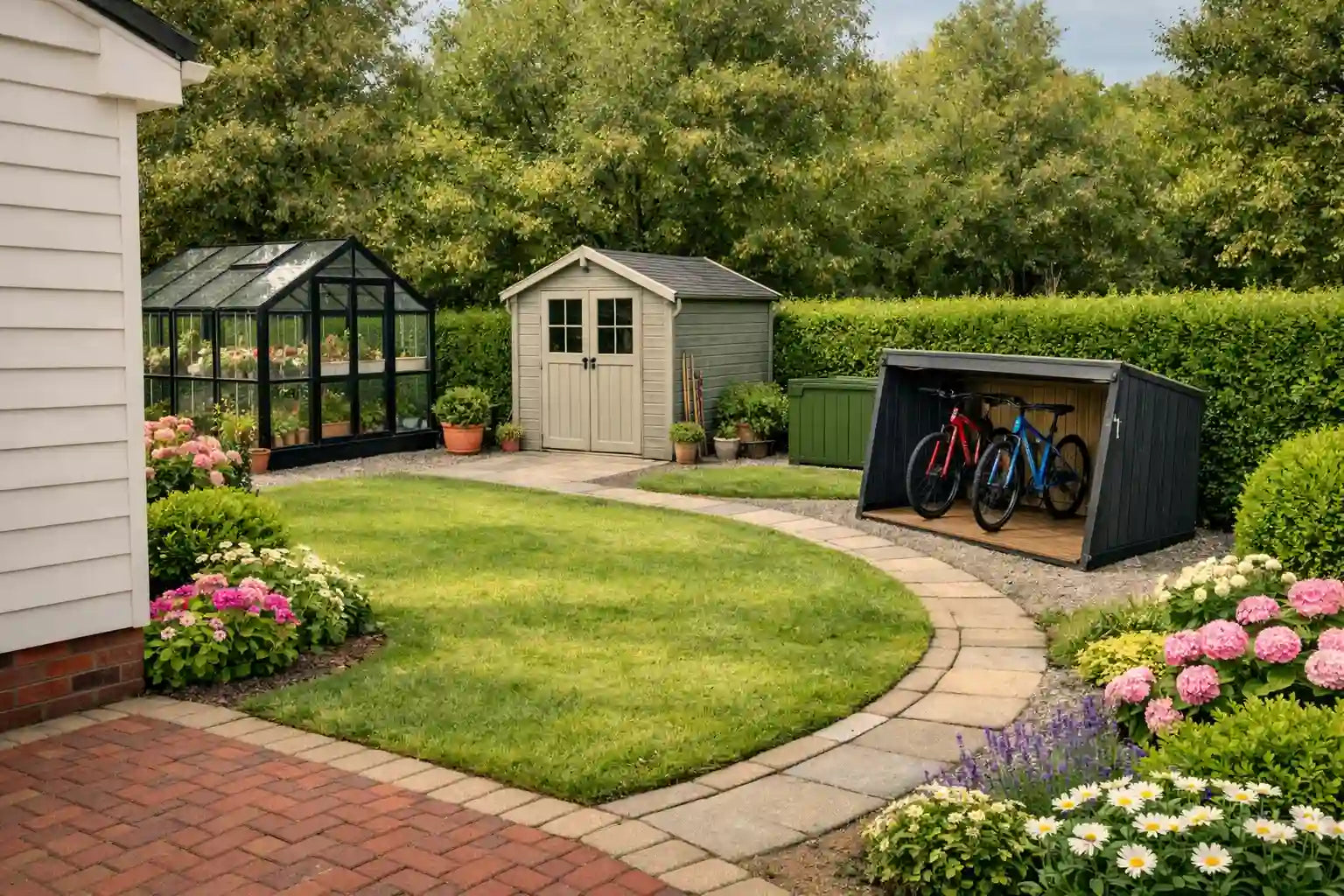 Garden scene with a shed, greenhouse and bicycles in a well-maintained garden.