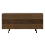A mid-century modern wooden sideboard with six drawers, featuring a dark brown finish and geometric herringbone wood inlay panels across the center, supported by angled legs.