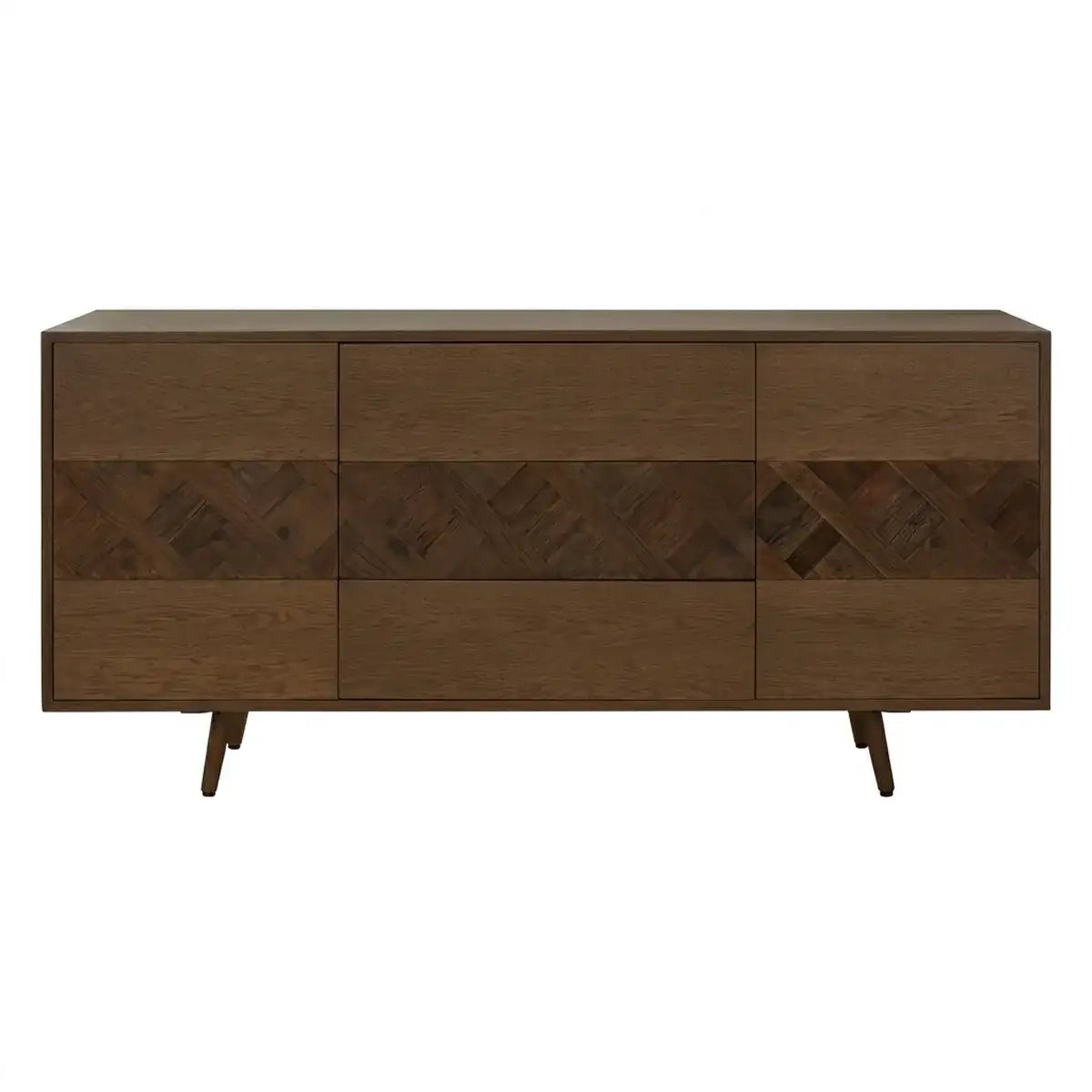 A mid-century modern wooden sideboard with six drawers, featuring a dark brown finish and geometric herringbone wood inlay panels across the center, supported by angled legs.