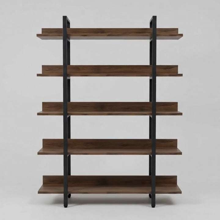 A 5-tier wooden bookshelf with dark brown wood shelves and black metal side supports. Main image