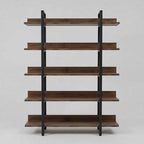 A 5-tier wooden bookshelf with dark brown wood shelves and black metal side supports.