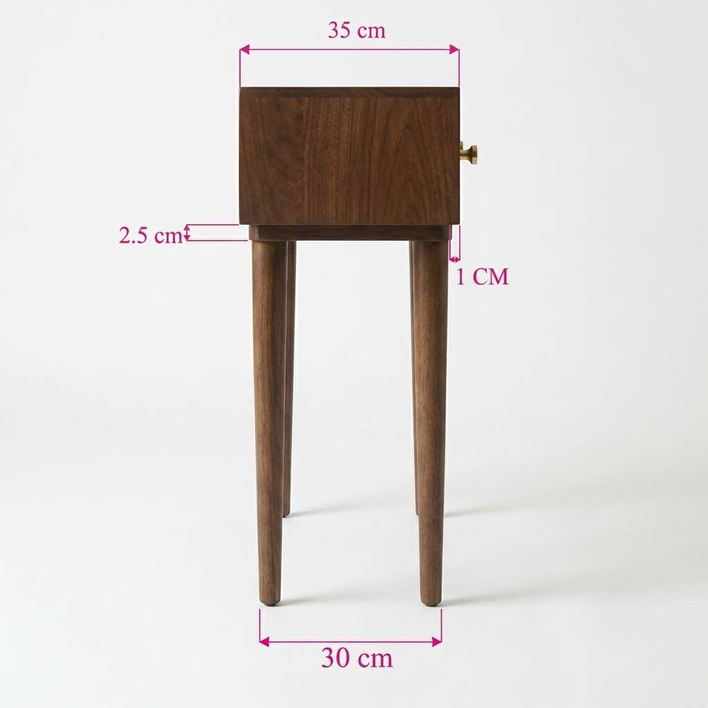 A dark brown wooden side table with a single drawer and tapered legs, shown with pink dimension lines and labels indicating measurements of 35 cm width, 30 cm leg length, 2.5 cm drawer front thickness, and 1 cm drawer depth.
