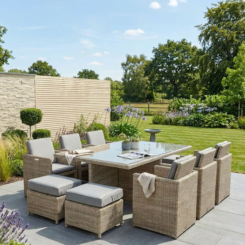 Royalcraft Wentworth 10 seater cube dining set on paved patio with garden Main image