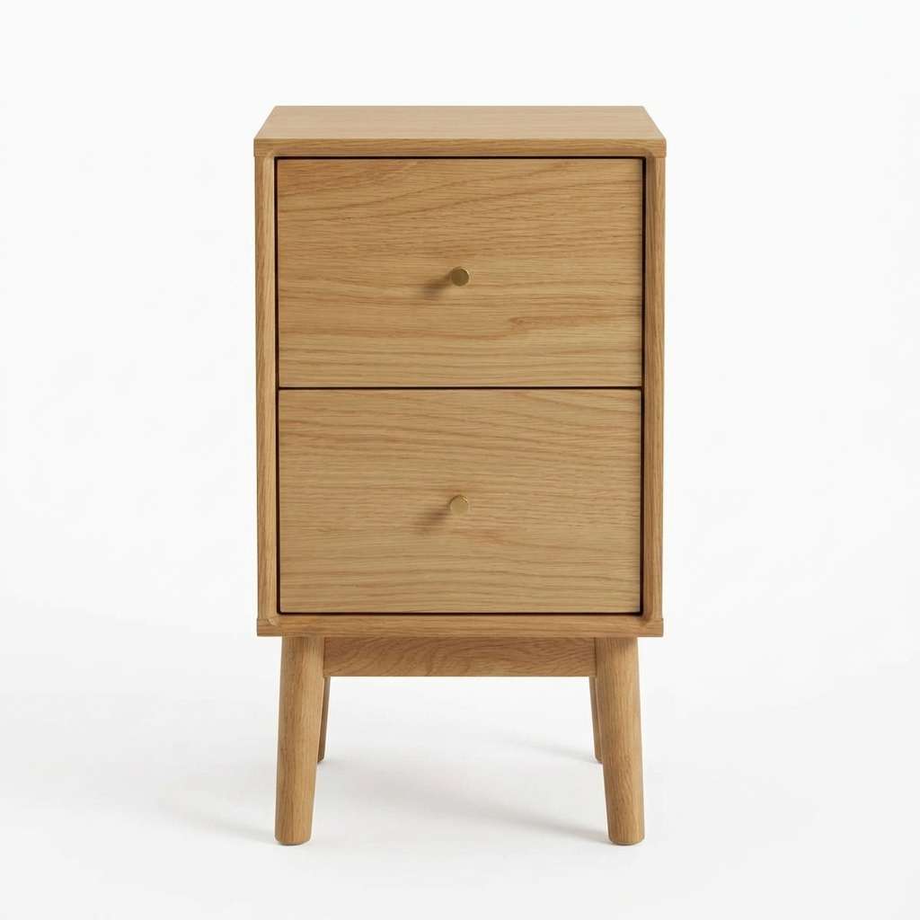 A light oak wood two-drawer nightstand with tapered legs and small round metal knobs, shown against a plain white background. Main image