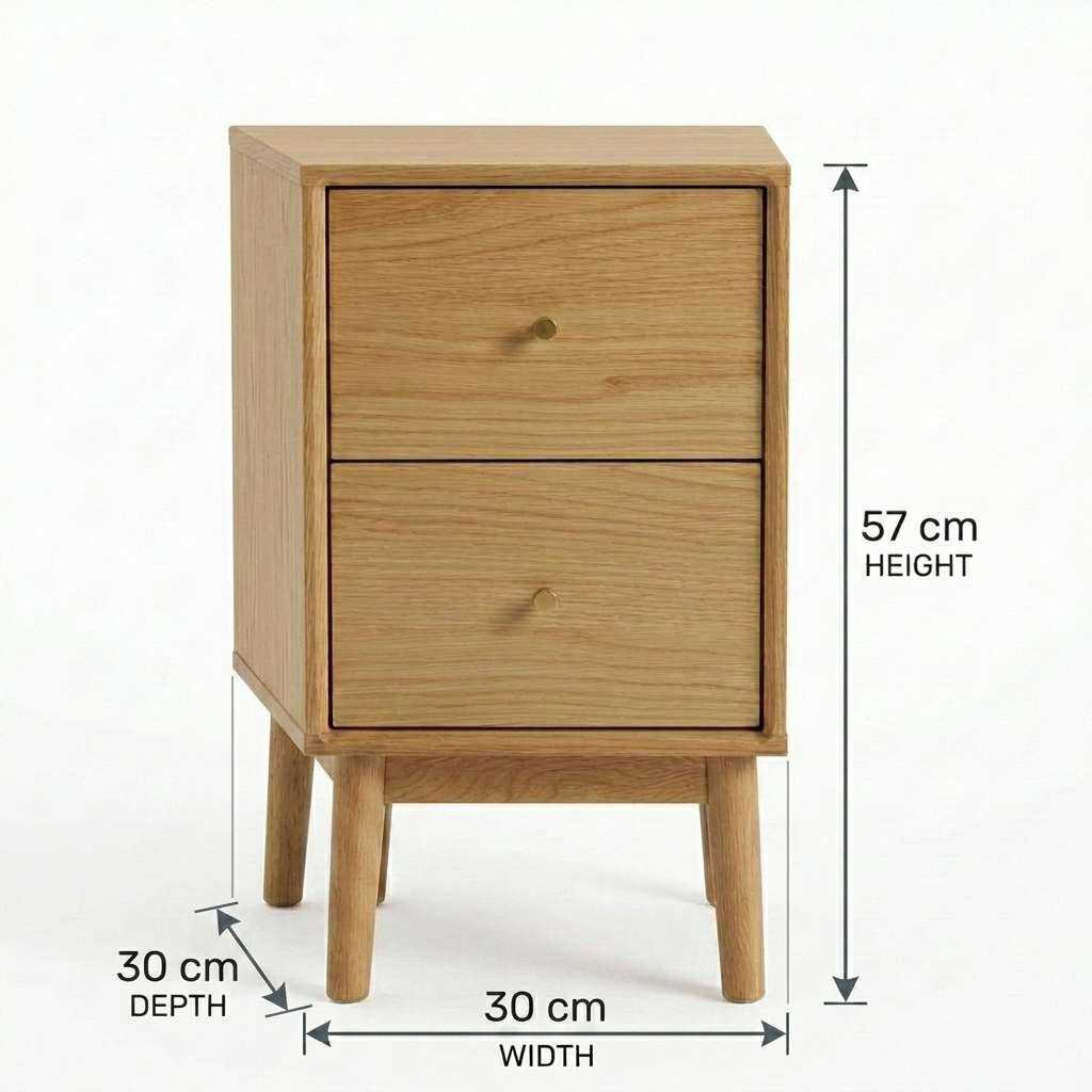 A two-drawer wooden nightstand with tapered legs, shown on a white background with dimension lines indicating 57 cm height, 30 cm depth, and 30 cm width.