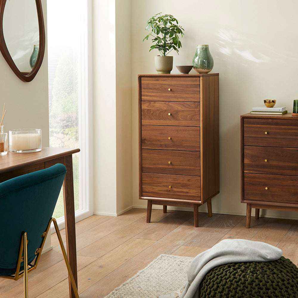 Wright Walnut Tallboy Chest of 5 Drawers