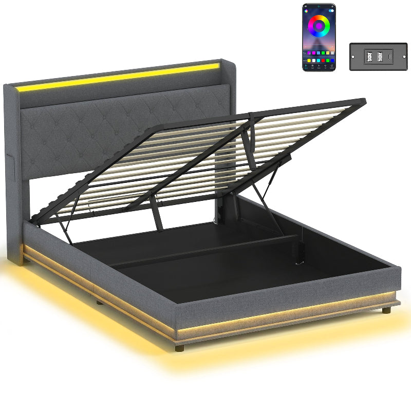Modern bed with storage compartments and LED lighting 