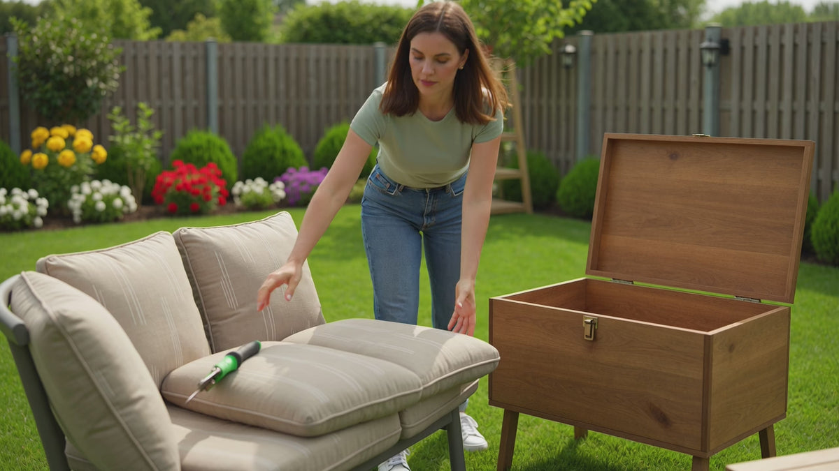 Lady putting cushions in a box and cutters on a shelf outside in the garden